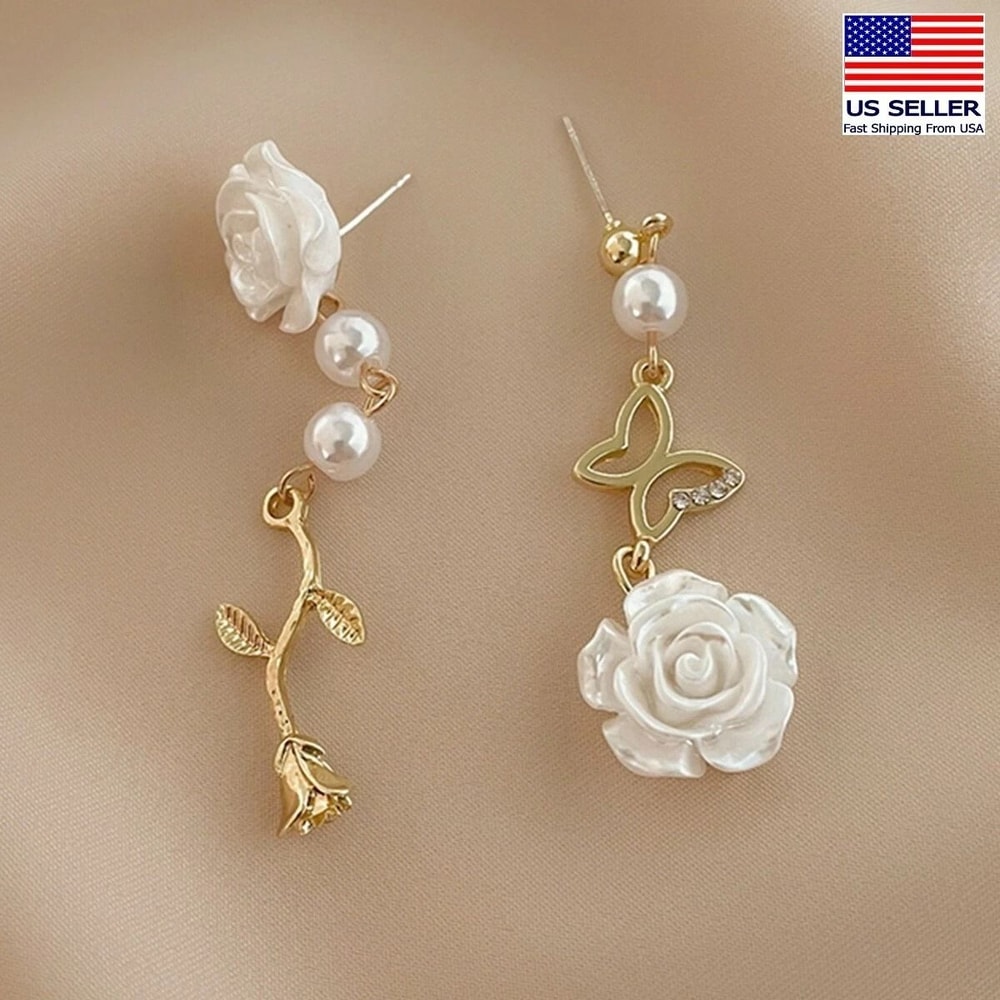 Sterling Silver Creative Rose Butterfly Asymmetrical Stud Earring For Women 4