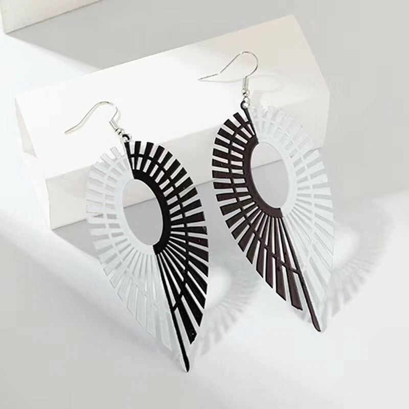 White Black Hollow Leaf Earrings Women Asymmetric Jewelry Feather Stud Hook 1