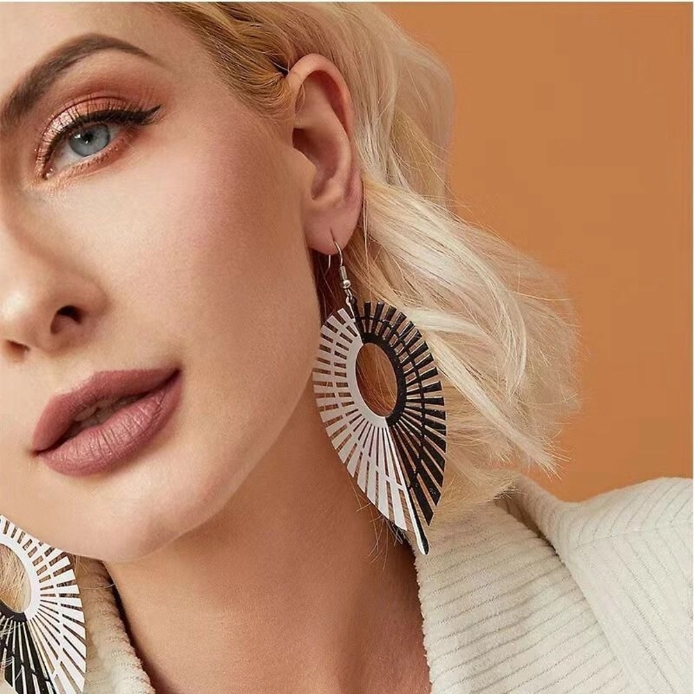 White Black Hollow Leaf Earrings Women Asymmetric Jewelry Feather Stud Hook 0