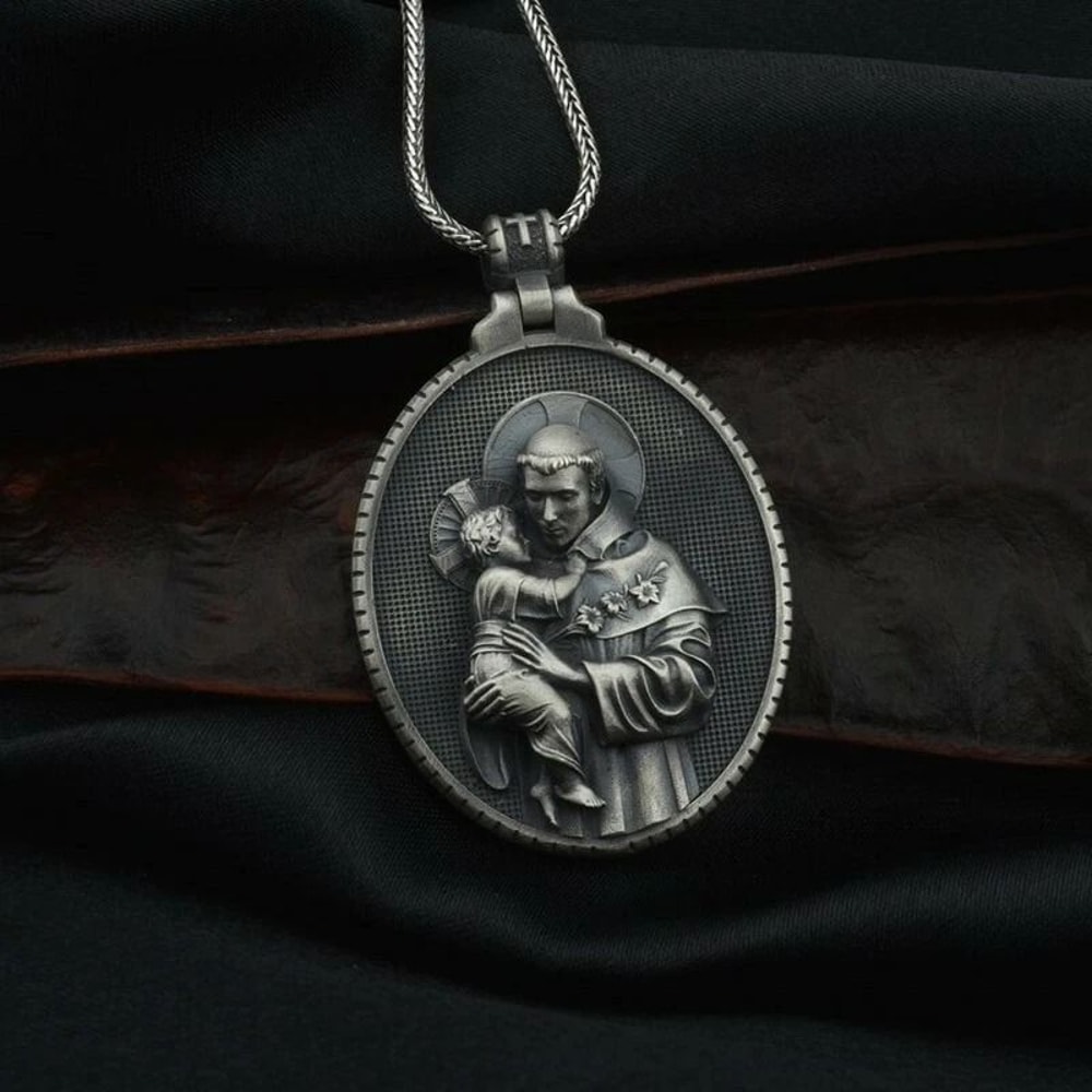 Catholic St Anthony Jesus Cross Pendant Necklace For Men Women Holy Medal Stainless Steel Chain 0