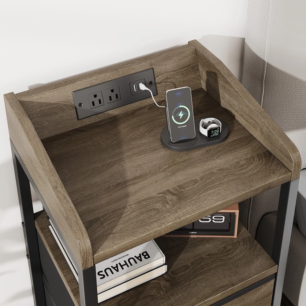 Nightstand With Charging Station USB Outlets For Bedroom With Fabric Drawers 7