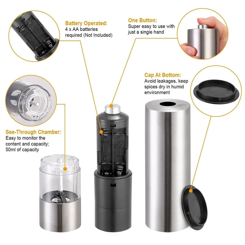 Electric Salt Pepper Grinder Mill Set Adjustable Stainless Steel One Touch Operation 9