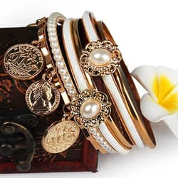 fashion women gold rhinestone bangle charm bracelet cuff jewelry set