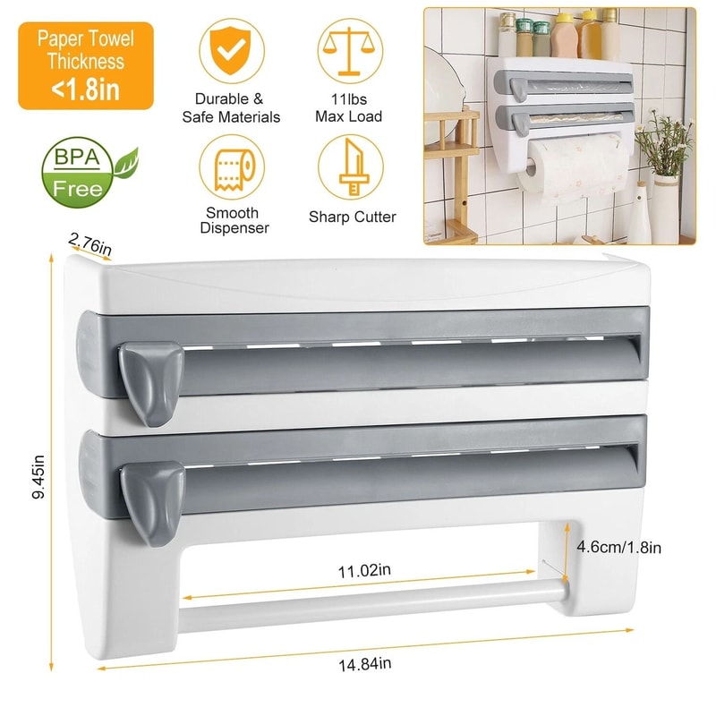 Wall Mounted Paper Towel Holder Triple Roll Dispenser For Kitchen Cling Film And Tinfoil Storage 7
