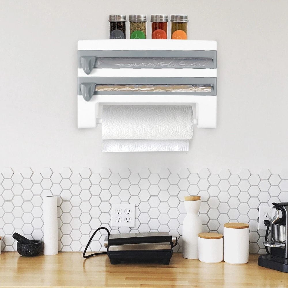 Wall Mounted Paper Towel Holder Triple Roll Dispenser For Kitchen Cling Film And Tinfoil Storage 0