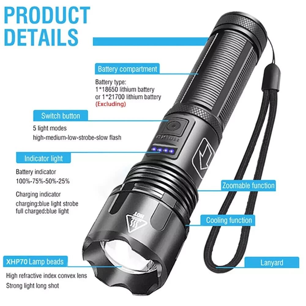 Lumens Tactical Rechargeable LED Flashlight Super Bright Work Light For Outdoor Emergency Use 11