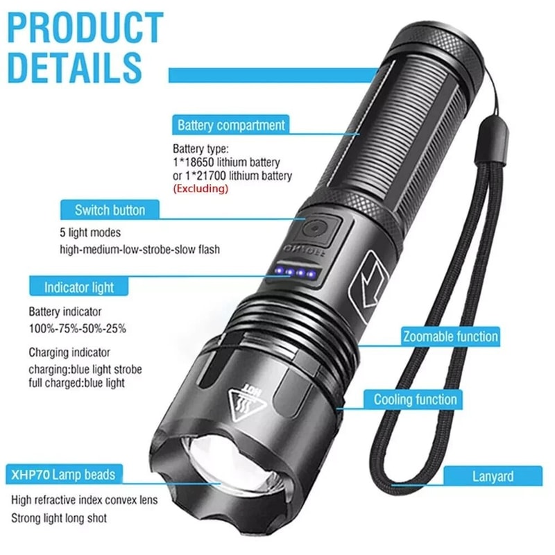 Lumens Tactical Rechargeable LED Flashlight Super Bright Work Light For Outdoor Emergency Use 11