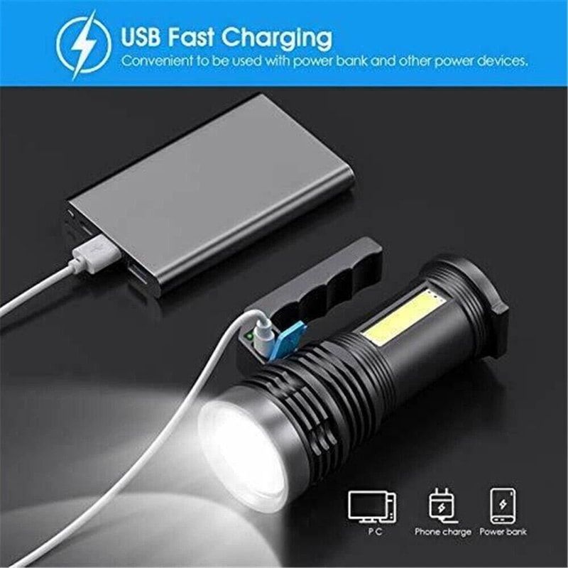 Bright LED Flashlight High Lumens USB Rechargeable Tactical Torch Powerful Zoomable Emergency Light 5