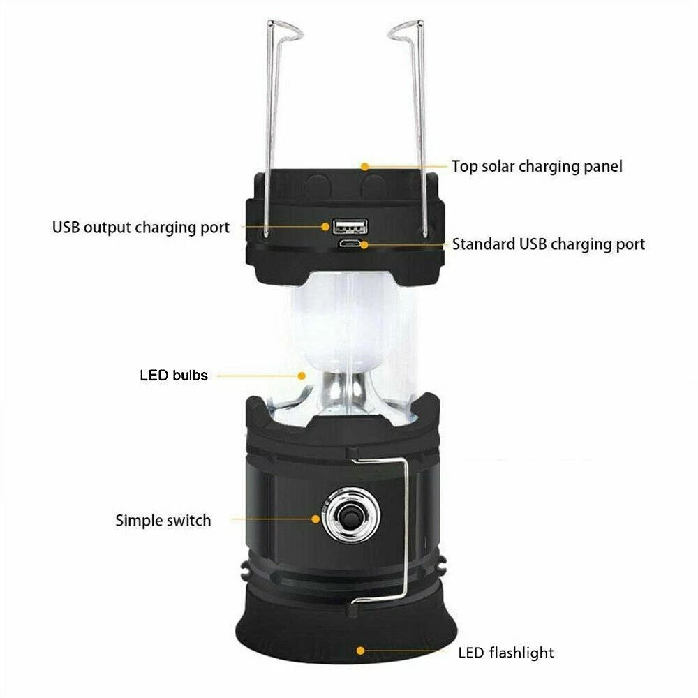 USB Solar Rechargeable LED Flashlight Camping Lantern Light 6