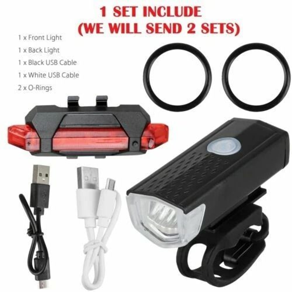 USB Rechargeable LED Bike Headlight Rear Lamp Set Bright Durable Easy To Install 9
