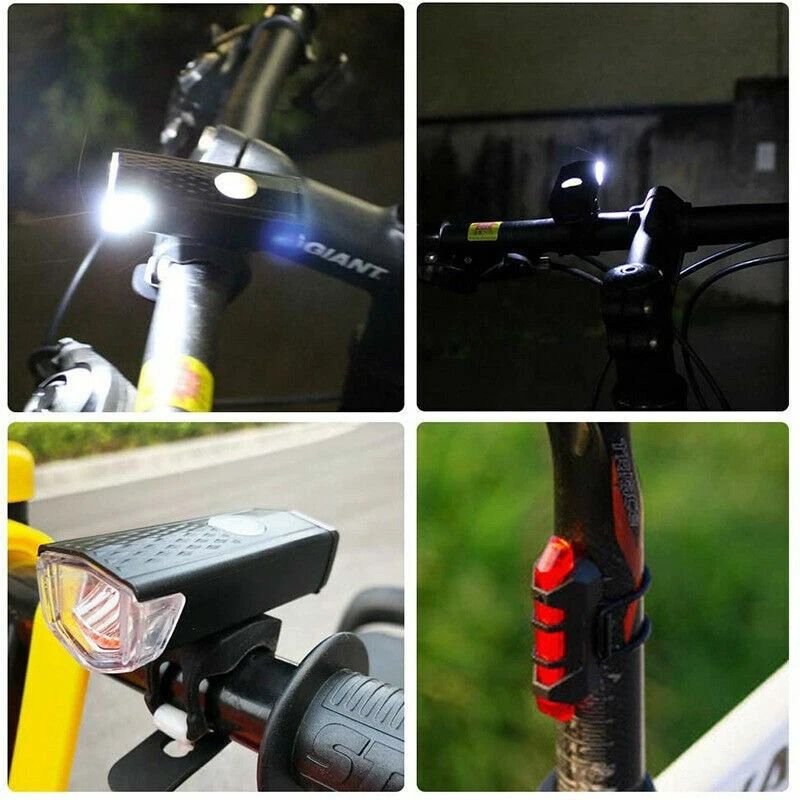 USB Rechargeable LED Bike Headlight Rear Lamp Set Bright Durable Easy To Install 5