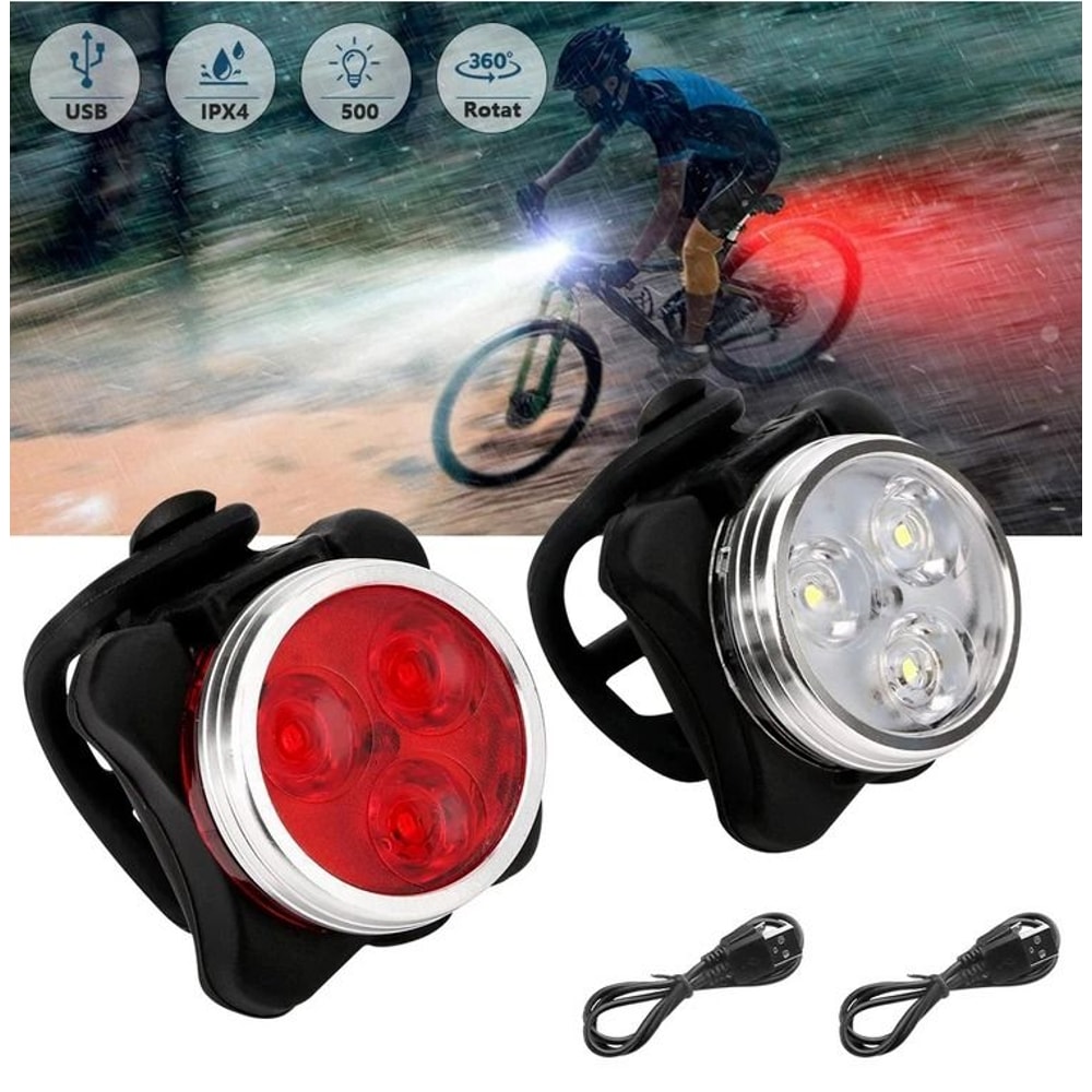 USB Rechargeable LED Bicycle Headlight Rear Lamp Set Waterproof Adjustable Cycling Lights 2