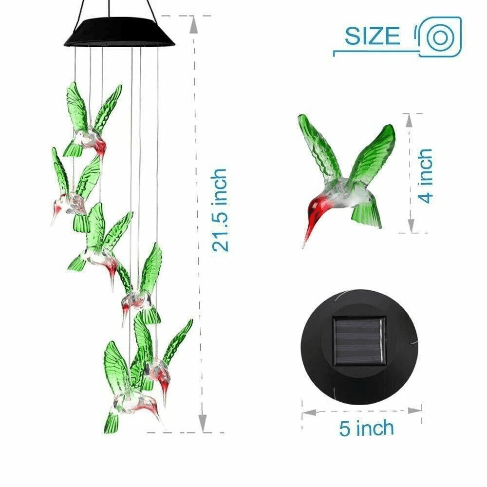 Color Changing LED Solar Powered Hummingbird Wind Chime Lights For Yard Garden Decor 1