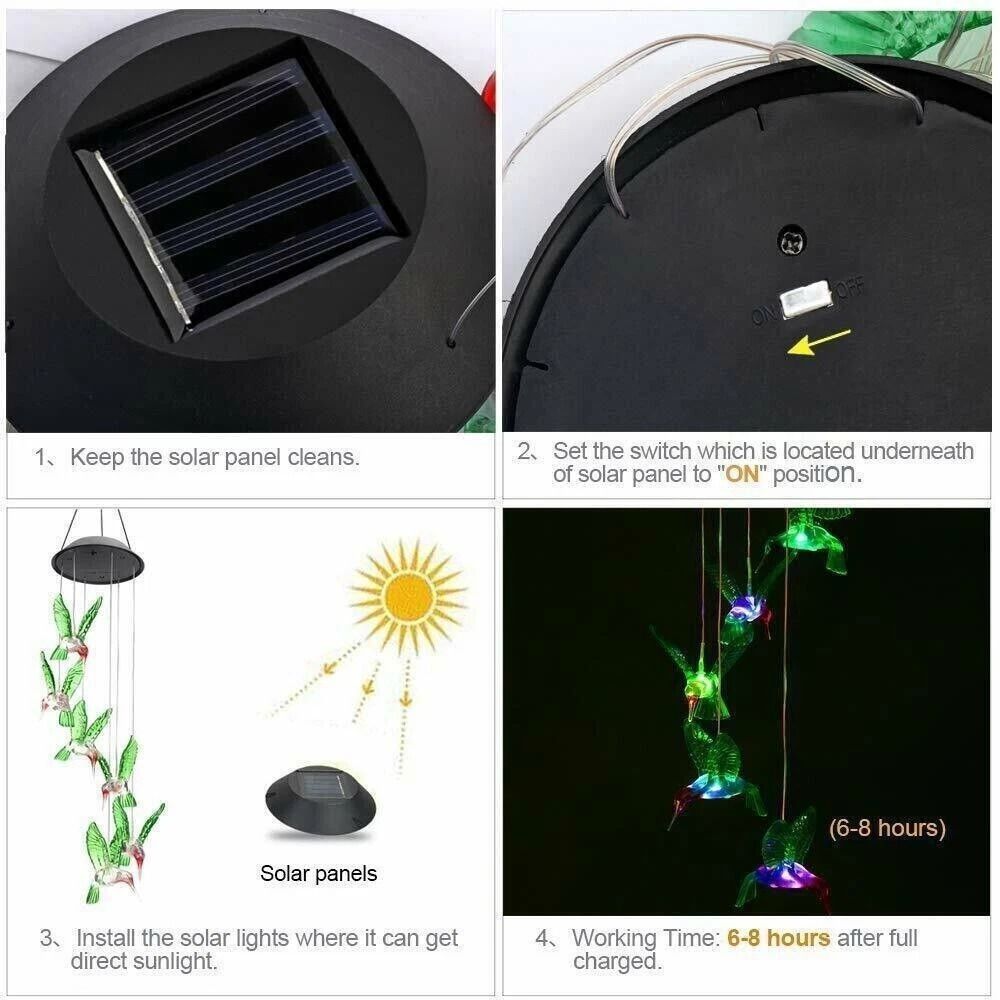 Color Changing LED Solar Powered Hummingbird Wind Chime Lights For Yard Garden Decor 2