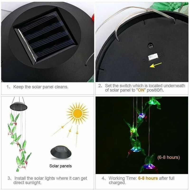 Color Changing LED Solar Powered Hummingbird Wind Chime Lights For Yard Garden Decor 2