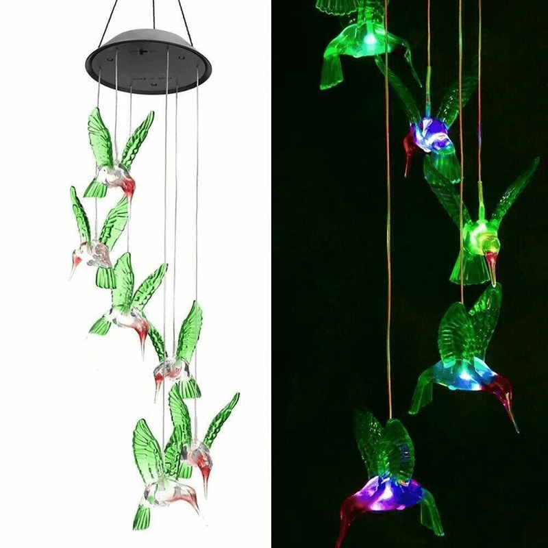 Color Changing LED Solar Powered Hummingbird Wind Chime Lights For Yard Garden Decor 4