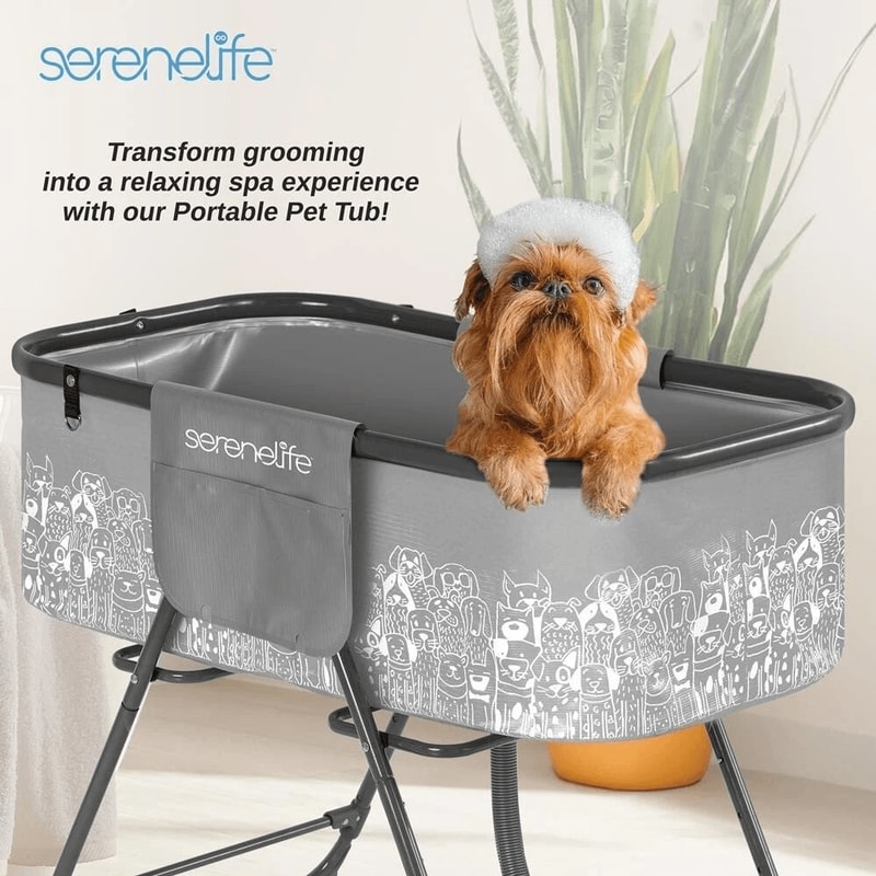 SereneLife Portable Dog Bath Tub Durable Gray Black Dog Tub With Two Side Pockets Drain System Fo 1