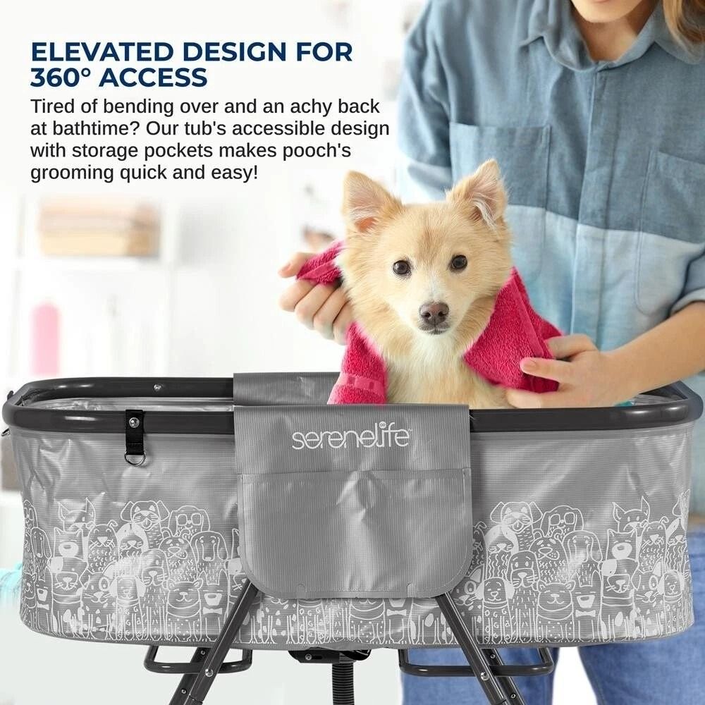 SereneLife Portable Dog Bath Tub Durable Gray Black Dog Tub With Two Side Pockets Drain System Fo 5