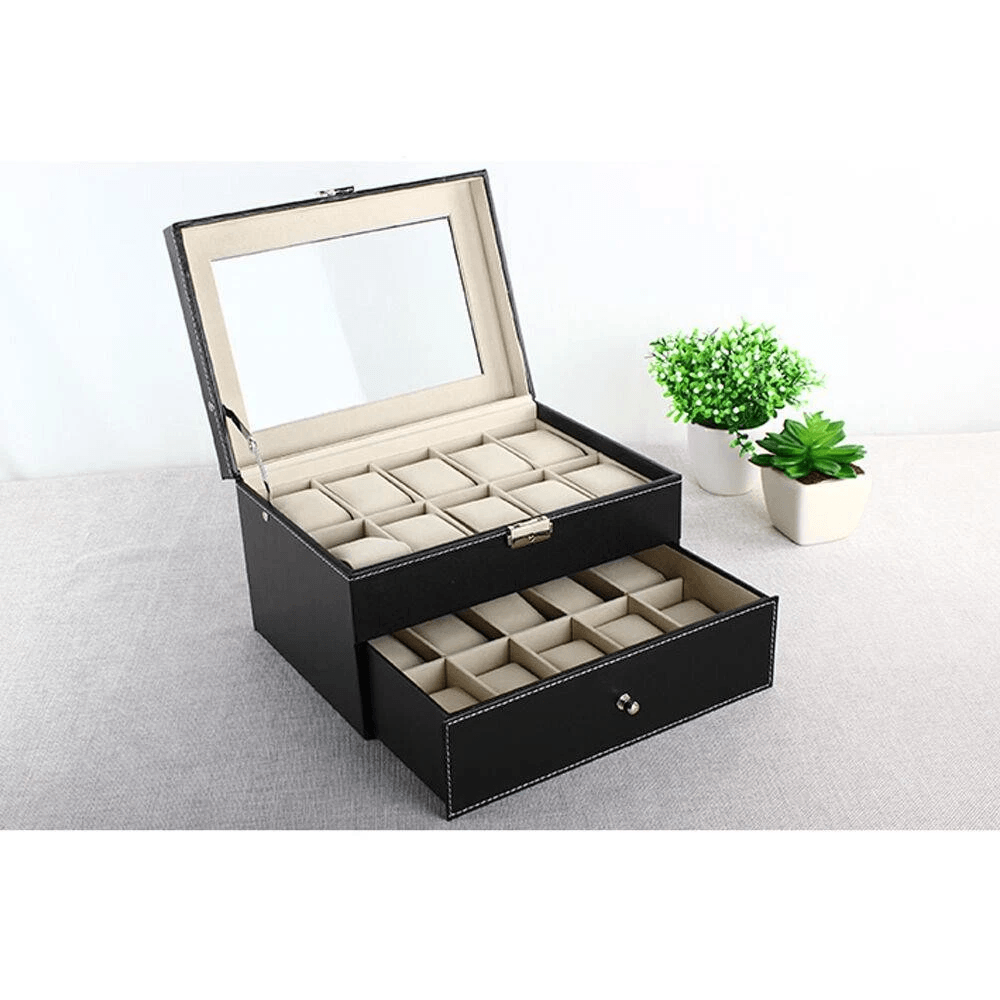 Large 20 Slot Leather Watch Box Case Organizer With Glass Display For Jewelry Storage 0