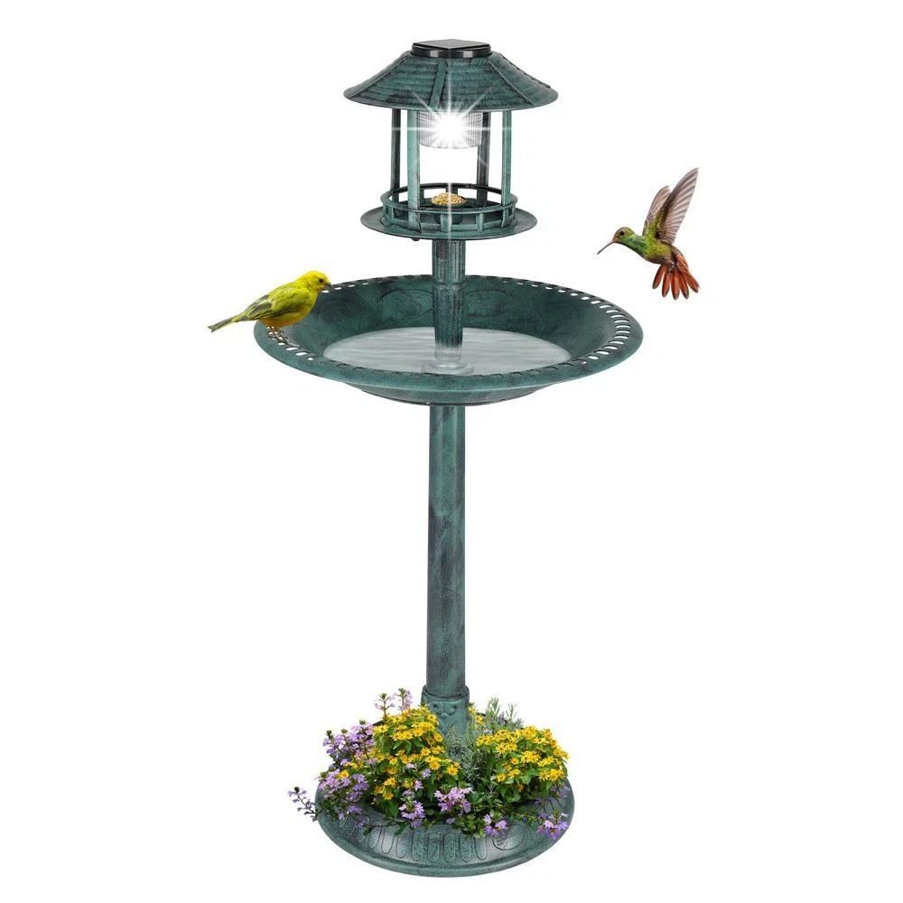 Plastic Round Bird Bath With Solar Light Sturdy Base For Outdoor Garden 7