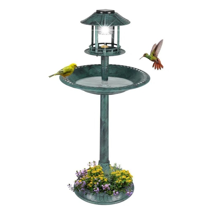 Plastic Round Bird Bath With Solar Light Sturdy Base For Outdoor Garden 7