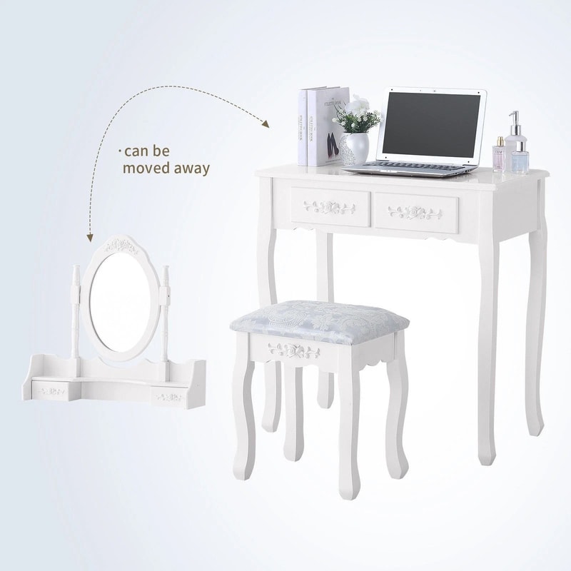 White Vanity Dressing Table Set With Mirror Stool Drawers Makeup Desk For Bedroom 4