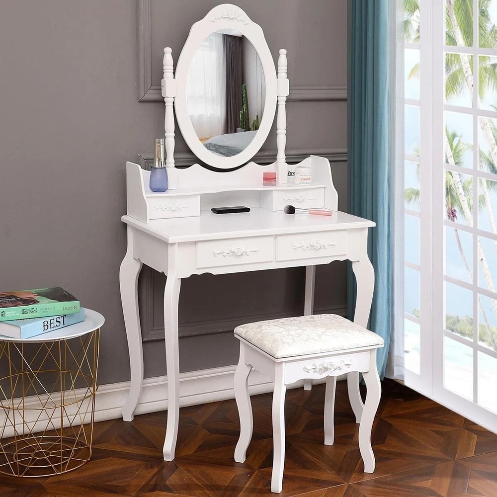 White Vanity Dressing Table Set With Mirror Stool Drawers Makeup Desk For Bedroom 9