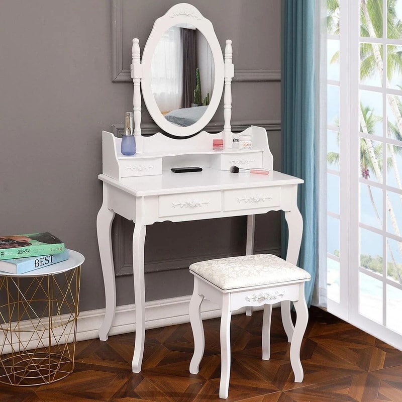 White Vanity Dressing Table Set With Mirror Stool Drawers Makeup Desk For Bedroom 9