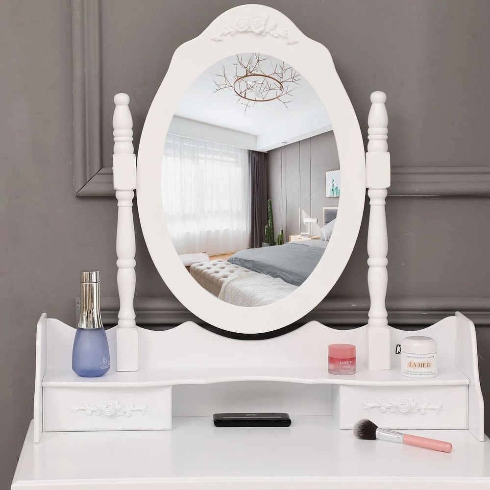 White Vanity Dressing Table Set With Mirror Stool Drawers Makeup Desk For Bedroom 2