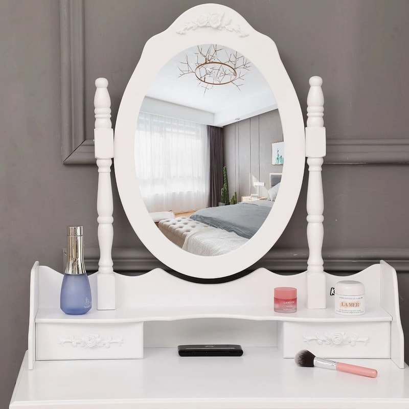 White Vanity Dressing Table Set With Mirror Stool Drawers Makeup Desk For Bedroom 2