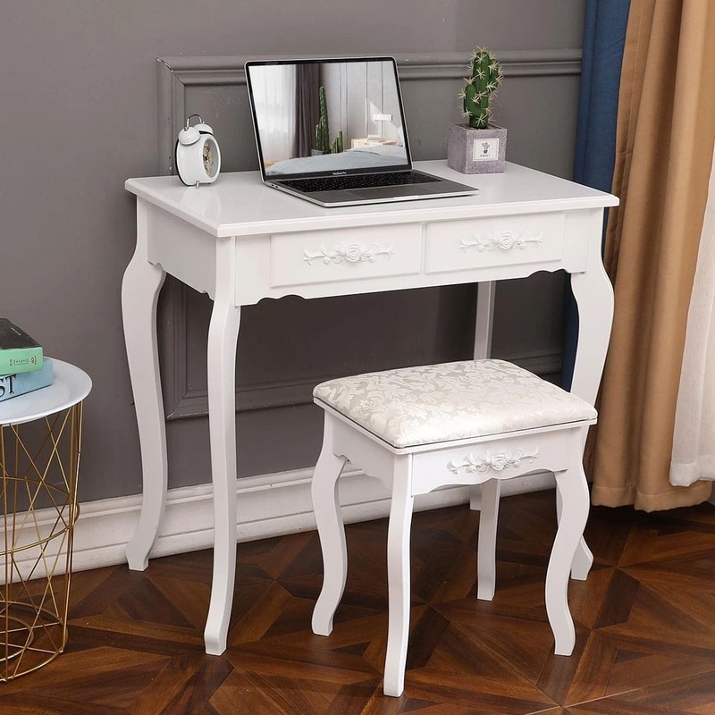 White Vanity Dressing Table Set With Mirror Stool Drawers Makeup Desk For Bedroom 6