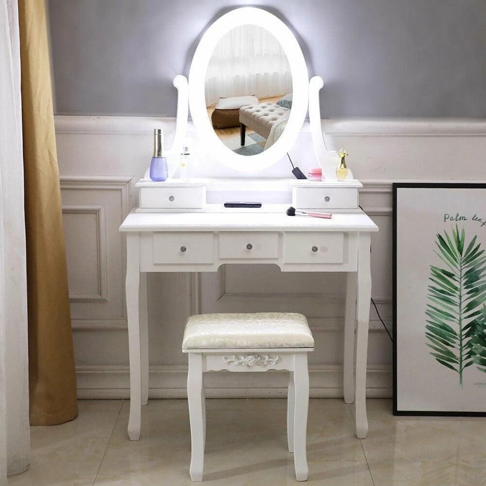 Vanity Table With LED Lights 5 Drawers Modern Makeup Desk Set For Bedroom 3