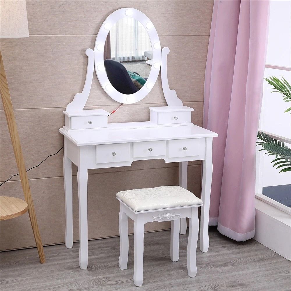 Vanity Table With LED Lights 5 Drawers Modern Makeup Desk Set For Bedroom 5