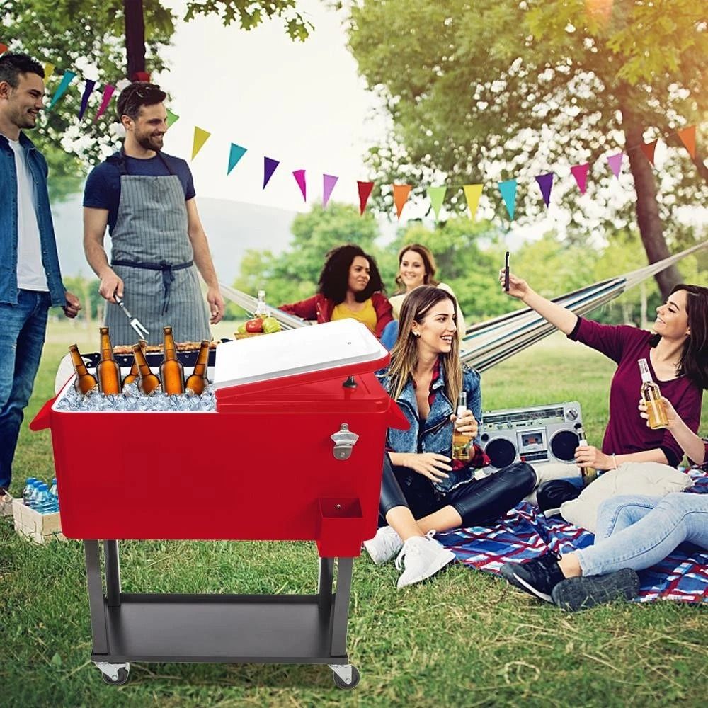 Rolling Party Cooler Cart With Wheels And Shelf For Patio Drinks 1