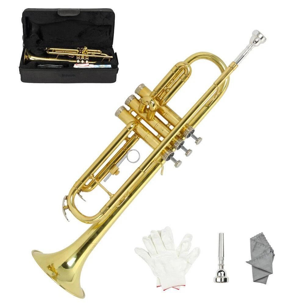 Student Beginner Bb Trumpet Gold Lacquer Brass Instrument With Case For School Band And Music Pract 5