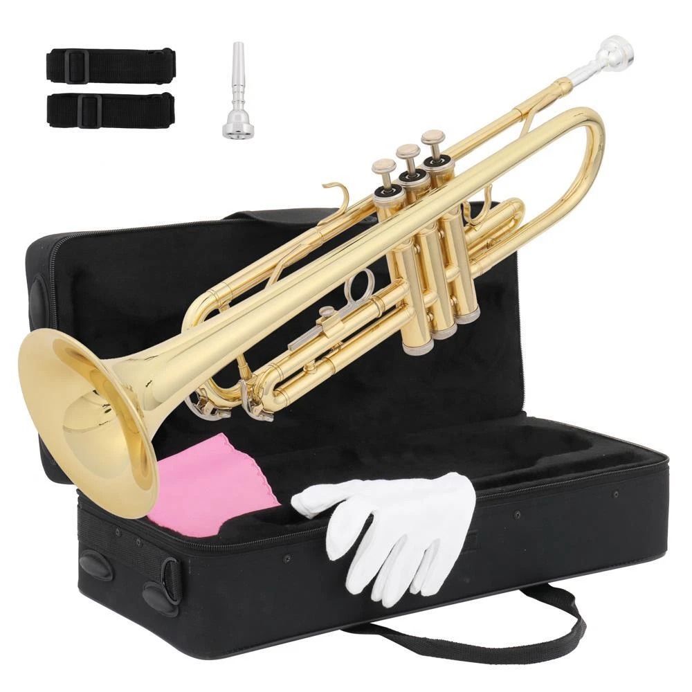 Student Beginner Bb Trumpet Gold Lacquer Brass Instrument With Case For School Band And Music Pract 7
