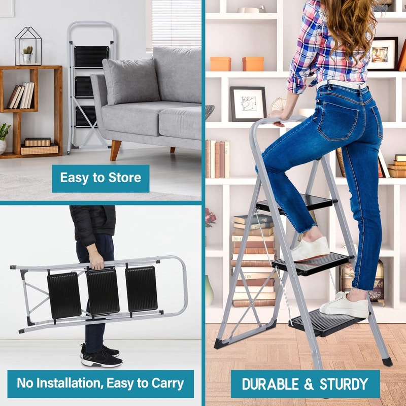 Heavy Duty Folding Step Ladder With Convenient Handgrip Portable Step Stool With Anti Slip Pedals 15