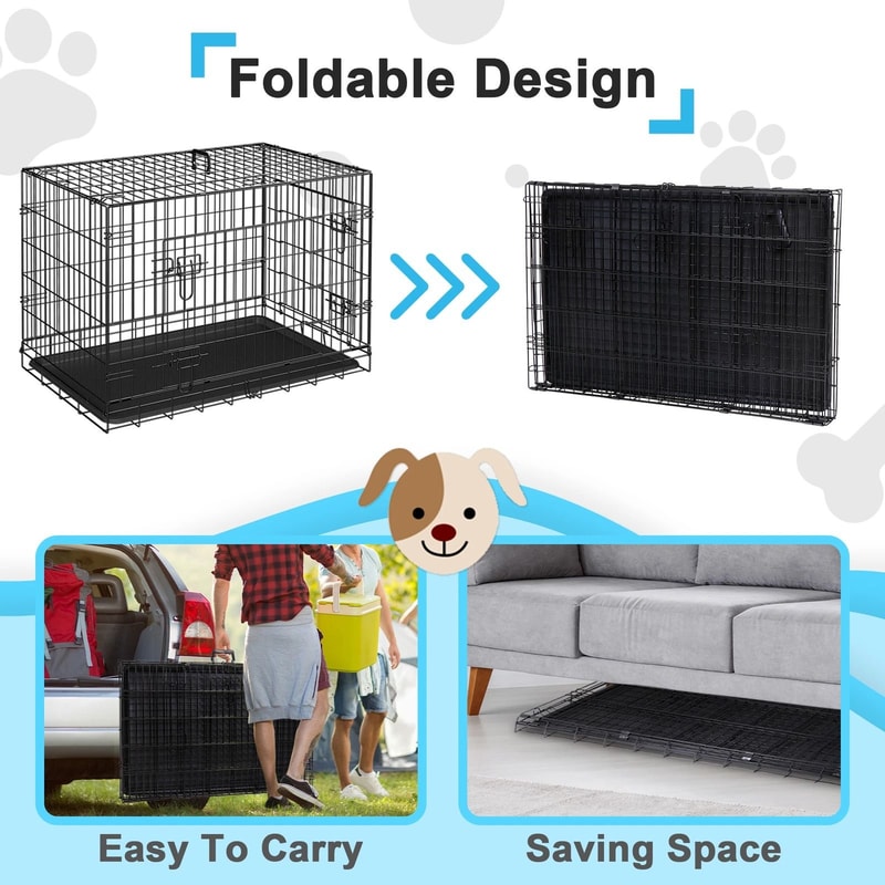Metal Wire Dog Crate With Double Doors Tray Adjustable Pet Kennel For Dogs Ideal For Home And Trav 3