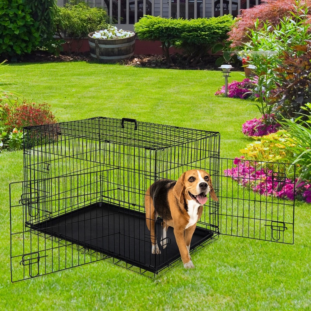 Metal Wire Dog Crate With Double Doors Tray Adjustable Pet Kennel For Dogs Ideal For Home And Trav 4