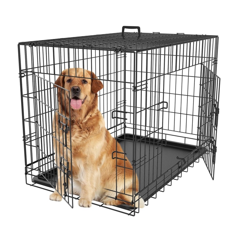 Metal Wire Dog Crate With Double Doors Tray Adjustable Pet Kennel For Dogs Ideal For Home And Trav 6