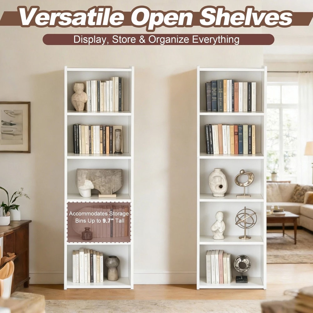 5 Tier Freestanding Wooden Bookshelf White Storage Display Stand For Living Room 5