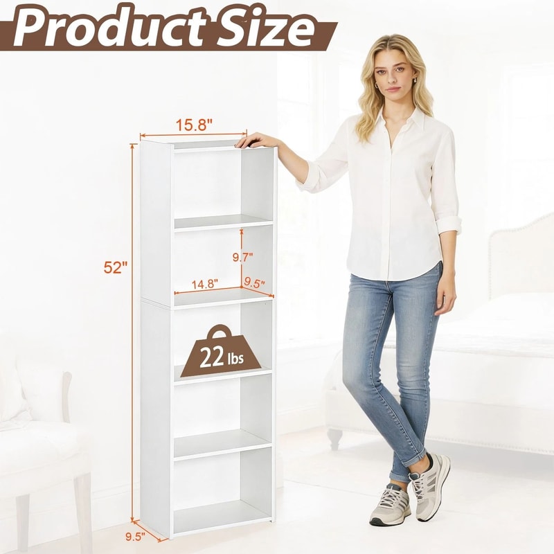 5 Tier Freestanding Wooden Bookshelf White Storage Display Stand For Living Room 7