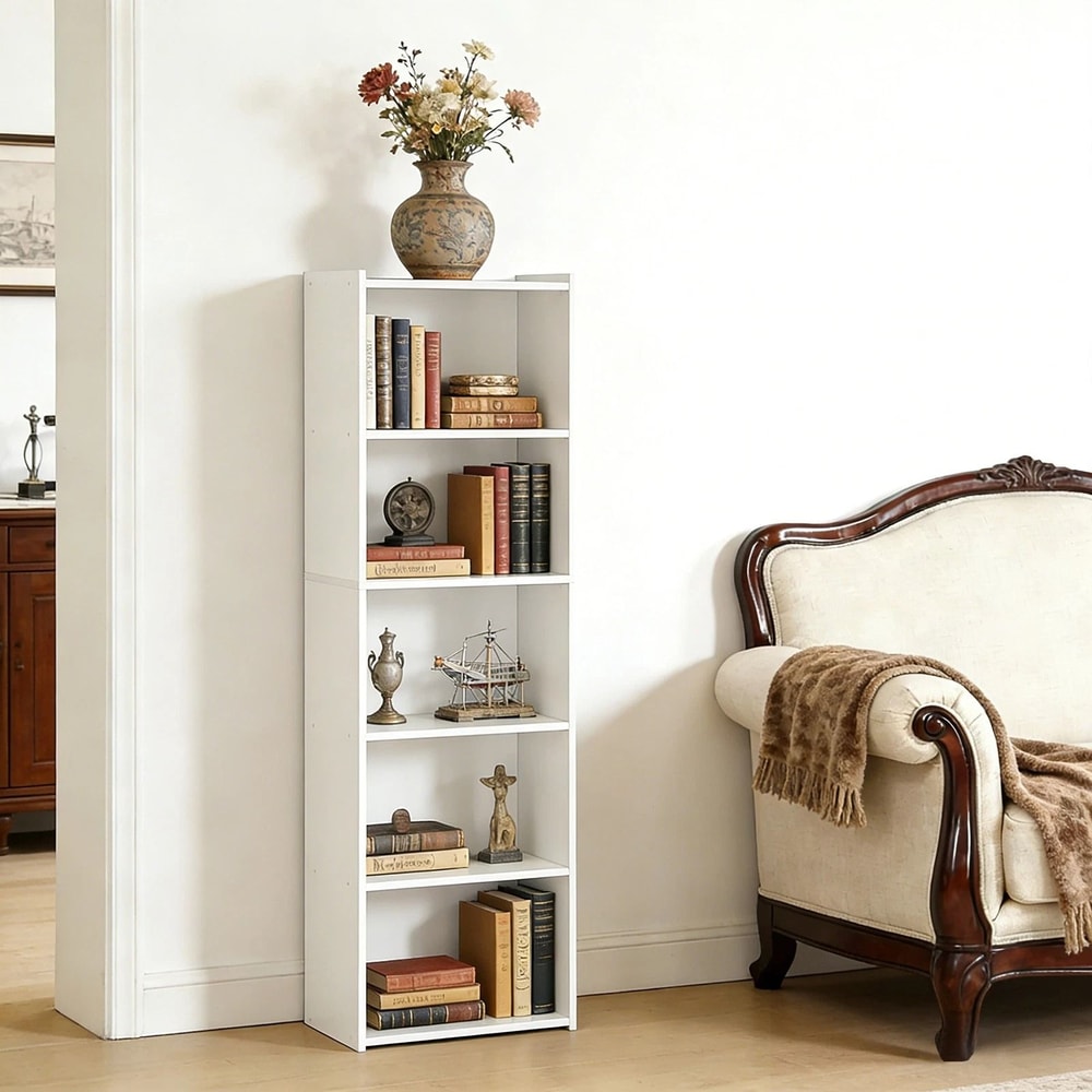 5 Tier Freestanding Wooden Bookshelf White Storage Display Stand For Living Room 8