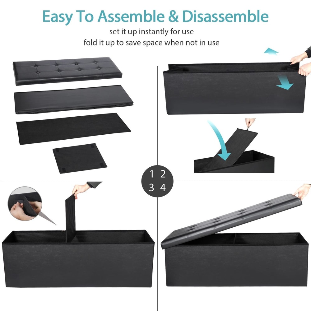 Premium Folding Storage Ottoman Bench With Faux Leather Bench Seat And Divider Hidden Storage Seat 8