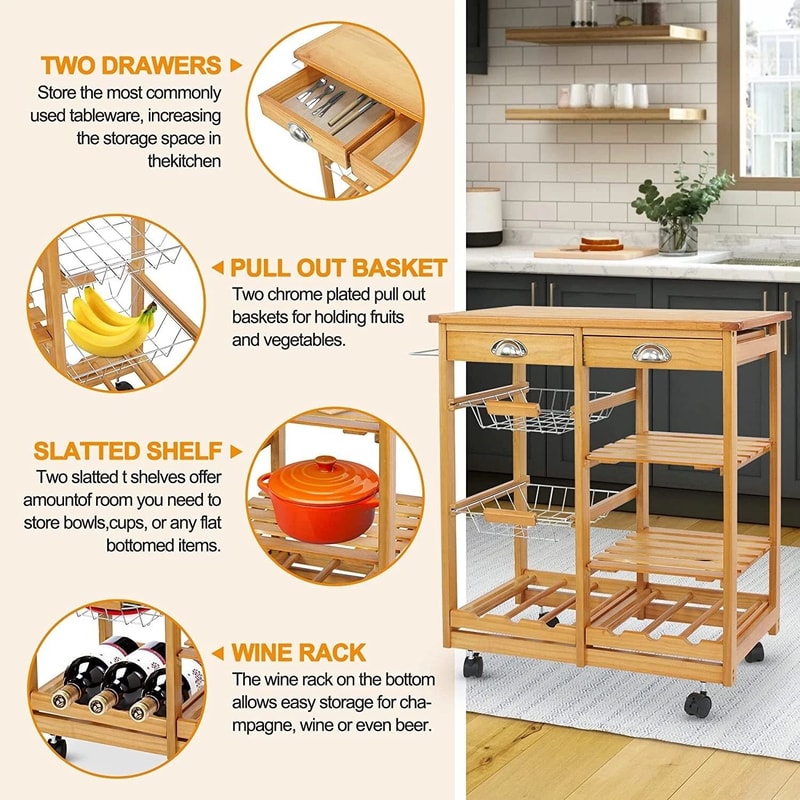 Rolling Kitchen Island Mobile Serving Cart With Storage Wood Rolling Storage For Home And Restauran 7