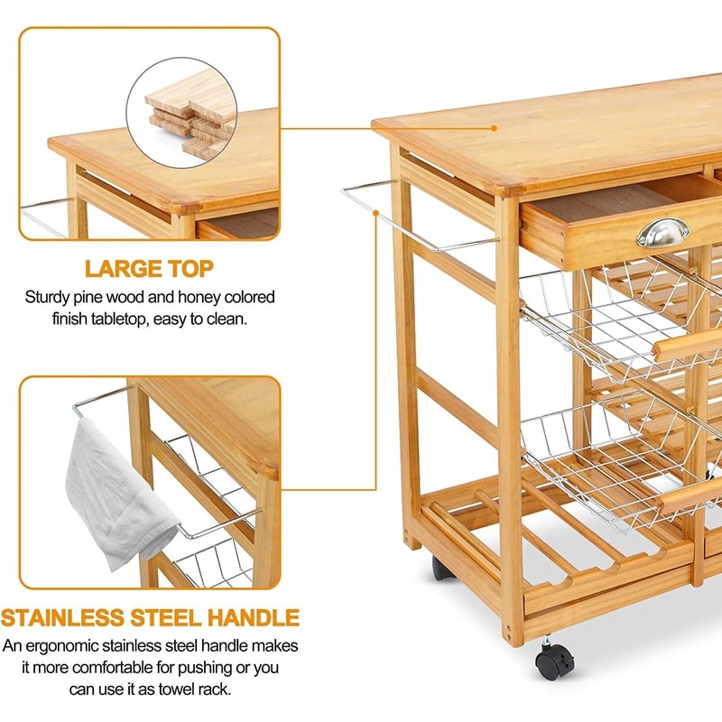 Rolling Kitchen Island Mobile Serving Cart With Storage Wood Rolling Storage For Home And Restauran 8
