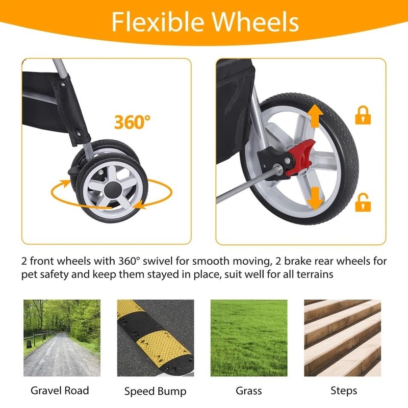 4 Wheel Pet Stroller For Dogs Cats With Storage Basket And Cup Holder 10