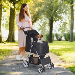 4 wheel pet stroller for dogs & cats with storage basket and cup holder