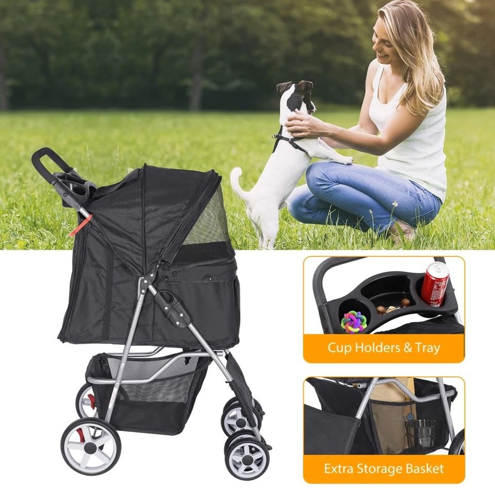 4 Wheel Pet Stroller For Dogs Cats With Storage Basket And Cup Holder 7