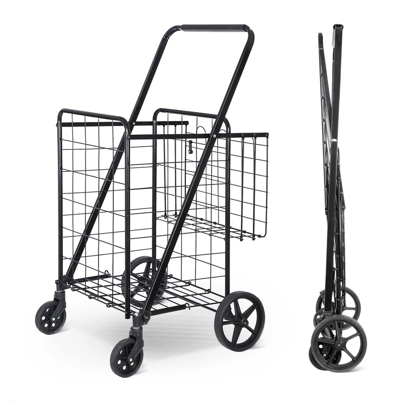Folding Shopping Cart For Groceries And Laundry With Wheels And Double Basket Black 1
